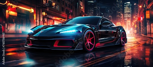 C2 Corvette Sports Car with Neon Red and Black Livery in Cyberpunk City - Futuristic Digital Art