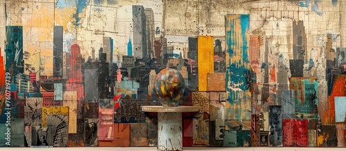 Mixed Media Collage of New York Cityscape Featuring Quirky Earth Sculpture on Textured Wall