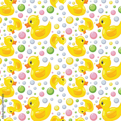 Modern abstract pattern with yellow rubber duck bubbles pattern. Cartoon flat vector illustration. Seamless pattern.
