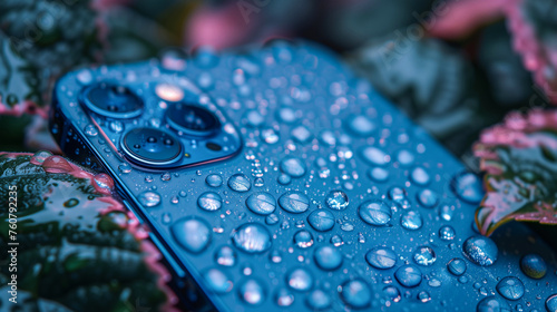 Macro photography of smartphone’ back side. Product shot of mobile phone which is covered with water drops and blurred background behind