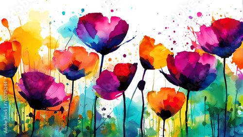 Estallido Floral: Amapolas y Tulipanes Rojos en un Paisaje de Huerta, Celebrando el Florecer de la Naturaleza en una Explosión de Color en la Primavera y el Veran