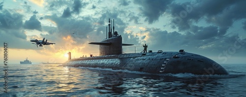 Generic military nuclear submarine floating in the middle of the ocean with a fighter jet in the background, wide poster design with copy space area. Generative AI
