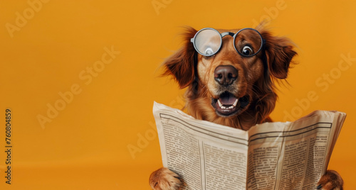 Funny dog with glasses opened his mouth in surprise reading a newspaper on a yellow background. Empty space for text. Generated AI