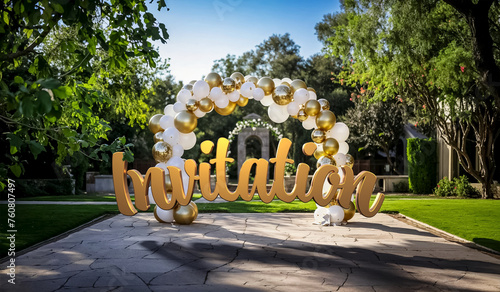 texte " Invitation " devant une arche de ballons blancs et dorés dans un parc