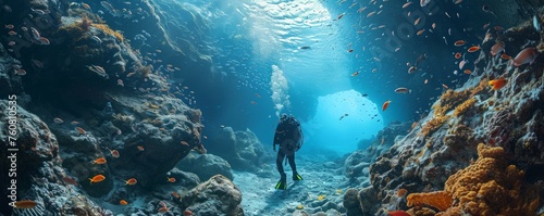 scuba drivers through tunnel under the ocean with fish and undersea life wonders around them as wide banner design with big copyspace area, Generative AI