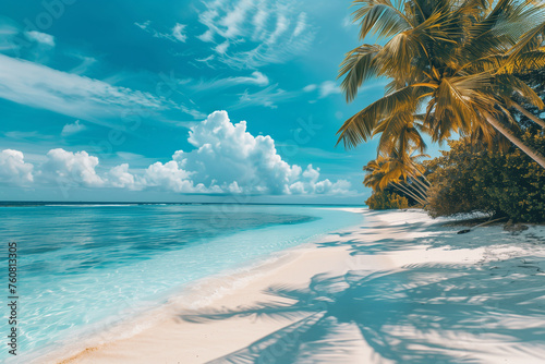 Beautiful tropical beach White sand coco palms travel tourism. Summer sea horizon, idyllic island nature scene. Amazing beach landscape, Vacation or holiday (3)
