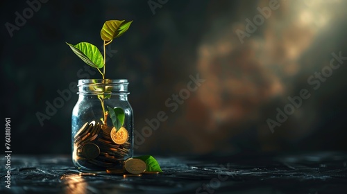 Investment concept, Coins in glass jar with green plant on dark background