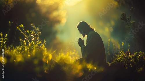 Silhouette of Jesus in intense prayer and supplication before betrayal and crucifix in the garden of Gethsemane, copy space , prayer ministry, supplication, back stabbing of saviour image 
