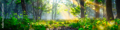 Green grass and sun. Forest panorama in the bright rays of the morning sun and morning dew with a blurry light background.