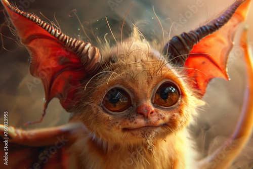 Closeup of the face of a cute little devil with big eyes