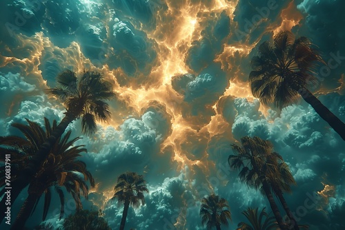 Palm Trees in the Midst of a Fierce Storm, Tropical Storm or Hurricane Typhoon. Generative AI. 