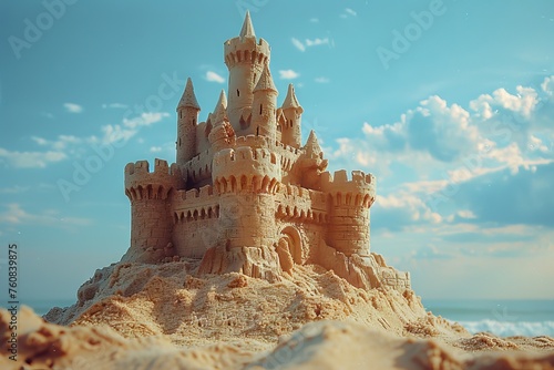 sand castle and blue sky. Concept: tourist brochures, beach holidays or children's summer activities for resorts or family hotels.