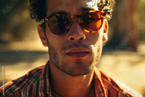 The image is a close-up portrait of a person with curly hair wearing round, retro-style sunglasses