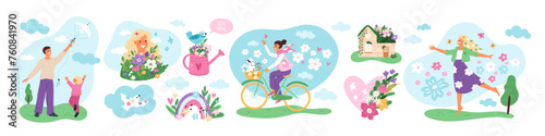 Happy spring people. Guys and girls enjoy warm weather and awakening nature. Seasons change. Summer birds and flowers. Sky rainbows. Woman on bicycle. Family fly kite. Garish vector set