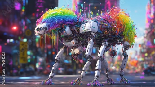 A quadrupedal robot with a vibrant, multicolored fur-like covering stands amidst a bustling city environment. The whimsical fusion of animalistic features and robotics suggests a playful side of