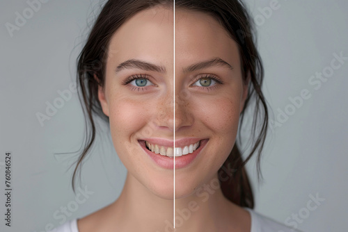 Professional teeth whitening and cleaning. Young smiling woman showing before and after results. Stomatology and dental clinic concept. Teeth bleaching advertising collage