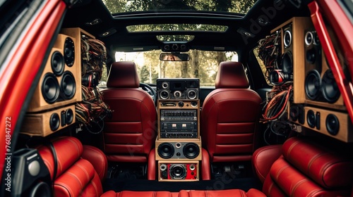 Red car interior with loudspeakers and audio system. Vintage style