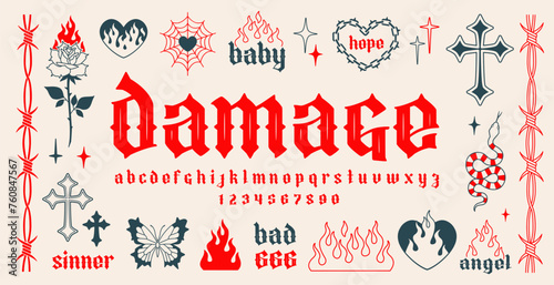 "Damage" Y2k Neo Gothic tattoo art vector font type. Y2k tattoo set of cross, rose, flame, heart chain pattern etc. Aesthetic 2000s gothic Opium style font. Barbed wire and horn chain frame template