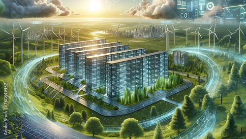 Futuristic data center powered by renewable energy.