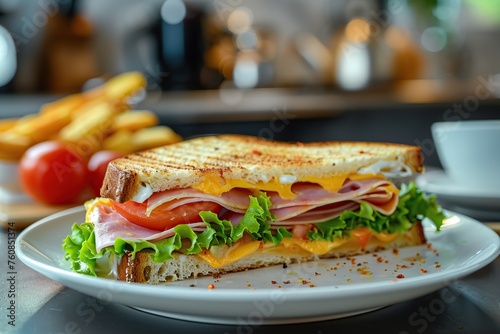 Toast sandwich with cheese, turkey ham, tomato and fresh lettuce on blurred cafe background