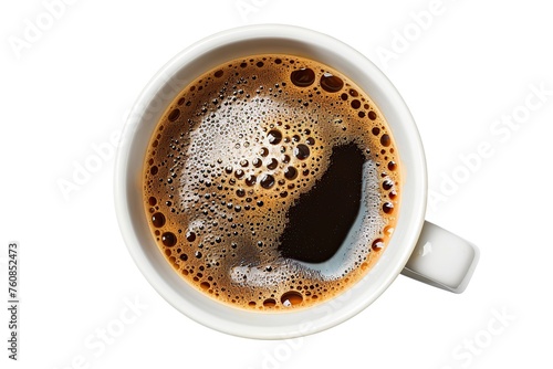 Flat lay of cup of coffee on white background