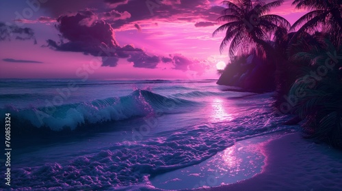 Tranquil neon waves gently lapping against the shores of a virtual paradise island.