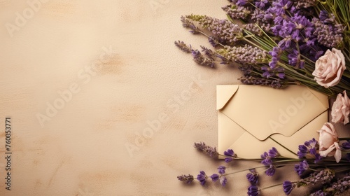 An envelope with a letter and purple spring flowers on a beige background. The idea of a holiday card for lovers. A congratulatory letter and a message.
