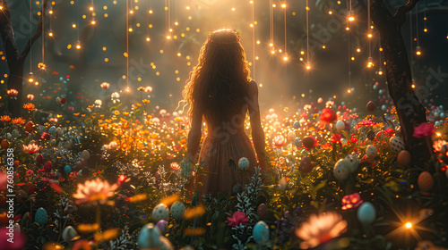 Bosque encantado, chica joven de espaldas con vestido, caminando por un bosque de flores multicolor, buscando huevos de Pascua, luces de atardecer
