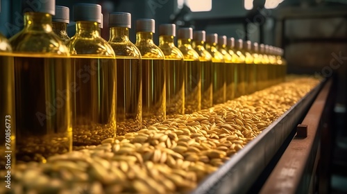 Bottles of sunflower oil on conveyor belt, closeup