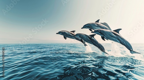 Synchronized Dolphin Performance under Blue Skies.