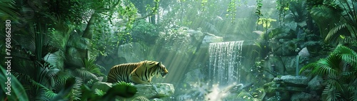 A 3D double exposure of a jungle, with a tiger and a waterfall.