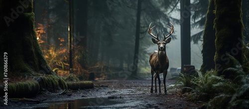 Deer standing on the road near the forest on a misty