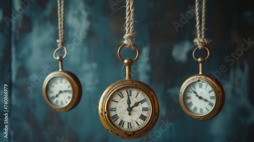 Vintage pocket watch hanging on a rope on a dark background
