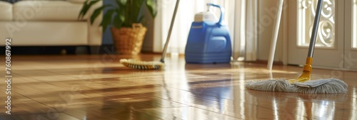 Sunlit wooden floor with a mop and bucket - A bright, sunny living room being cleaned, with focus on a wet mop and a bucket against the warm light