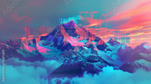Glitch Art Mountainscape with Clouds