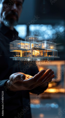 Businessman on blurred background holding and touching holographic digital house. Technology and architecture concept