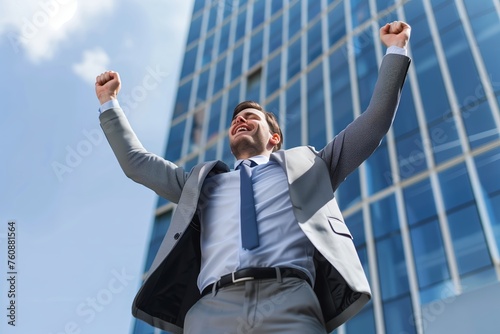 Triumphant businessman with raised arms against sky