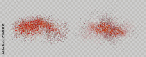 Grainy scatterings of spicy burst . Splashes of red pepper powder.Overlay effect chilli or paprika spice splatters. Vector realistic illustration of hot dried spice.