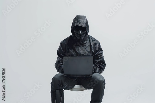 A man in a black robber mask sits with a laptop isolated on a white background