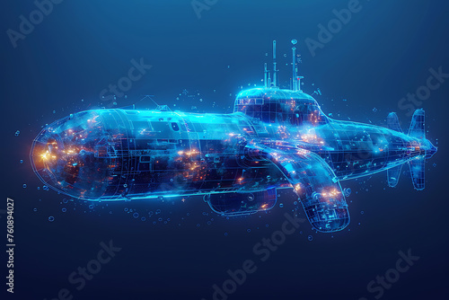Striking submarine illustration with detailed digital wireframe polygons and innovative line and dot technology, ideal for futuristic designs and marine-themed projects