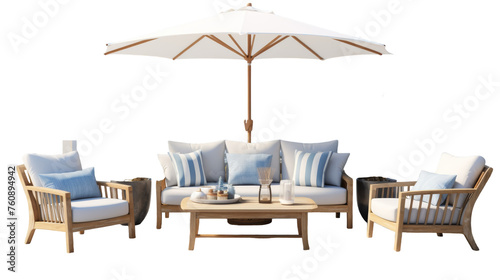 A stylish set of patio furniture with a colorful umbrella creating a cozy outdoor retreat