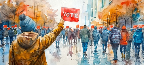 Back view of a woman with a raised VOTE sign amidst a crowd on a city street, watercolor illustration. Encouraging voter turnout and community action concept for election campaigns.
