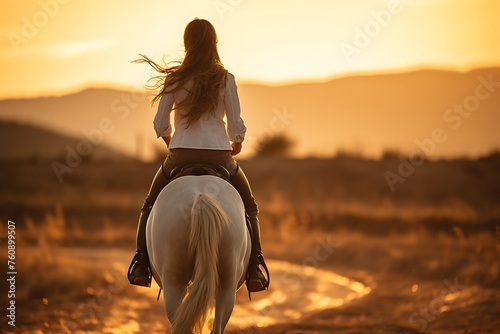 Rear view of a beautiful young woman riding a horse at sunset
