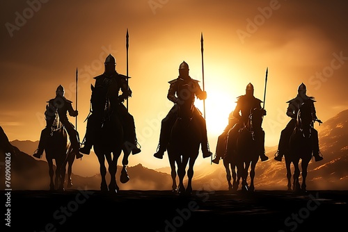 Medieval battle scene with cavalry and infantry. Silhouettes of figures as separate objects, fight between warriors.