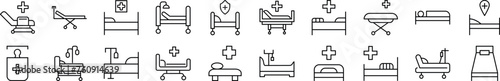 Collection of thin line icons of hospital bed. Editable stroke. Simple linear illustration for web sites, newspapers, articles book