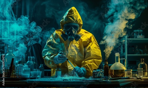 In an underground laboratory, a secret chemist prepares drugs. He wears a mask and overalls and works with goggles and pesticides.