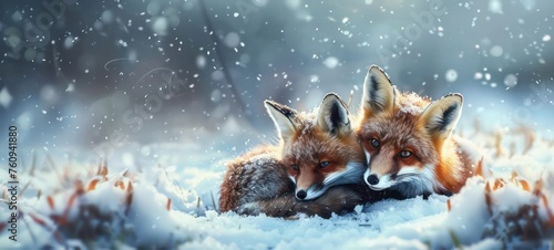 Red fox in white snow. Cold winter with two pait couple orange furry fox. Two small cute foxes in the snow,illustration,animals in the snow