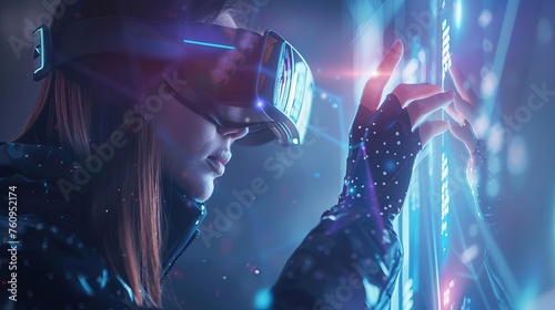 Girl wearing virtual reality glasses and pressing the start button on a futuristic tablet, immersed in an augmented reality game and advanced technology, digital illustration