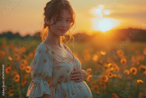 Close-up of pregnant woman with hands on her belly on sea background. Silhouette of pregnant woman in white dress in sunlight of sunset. Concept of pregnancy, maternity, expectation for baby birth.