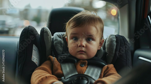 un bébé installé dans un siège auto et attaché à l'arrière d'une voiture